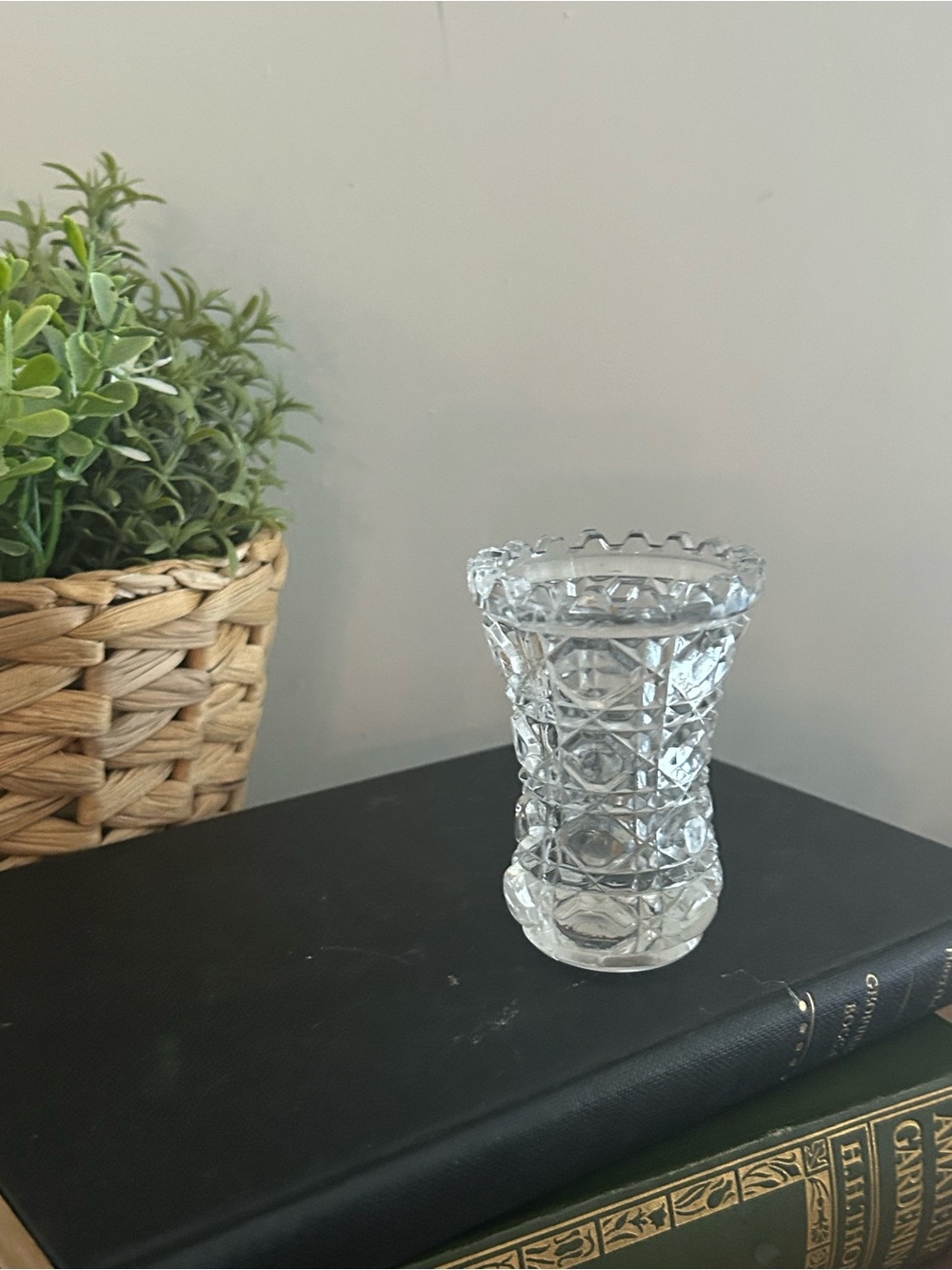 Vintage Clear Cut Glass Toothpick scalloped edge Geometric pattern
